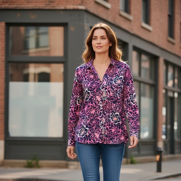 Vera Bradley Tops - Vera Bradley Vibrant Pink and Purple Button Down Shirt